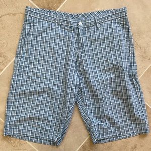 TOSCANO Men flat front shorts 34 plaid blue white Front & back Button Pocket EUC